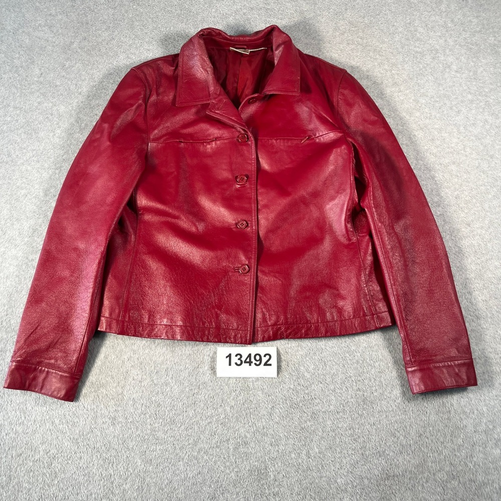 Newport News Leather Jacket Womens 16 Red Excellent Button Front G 3726